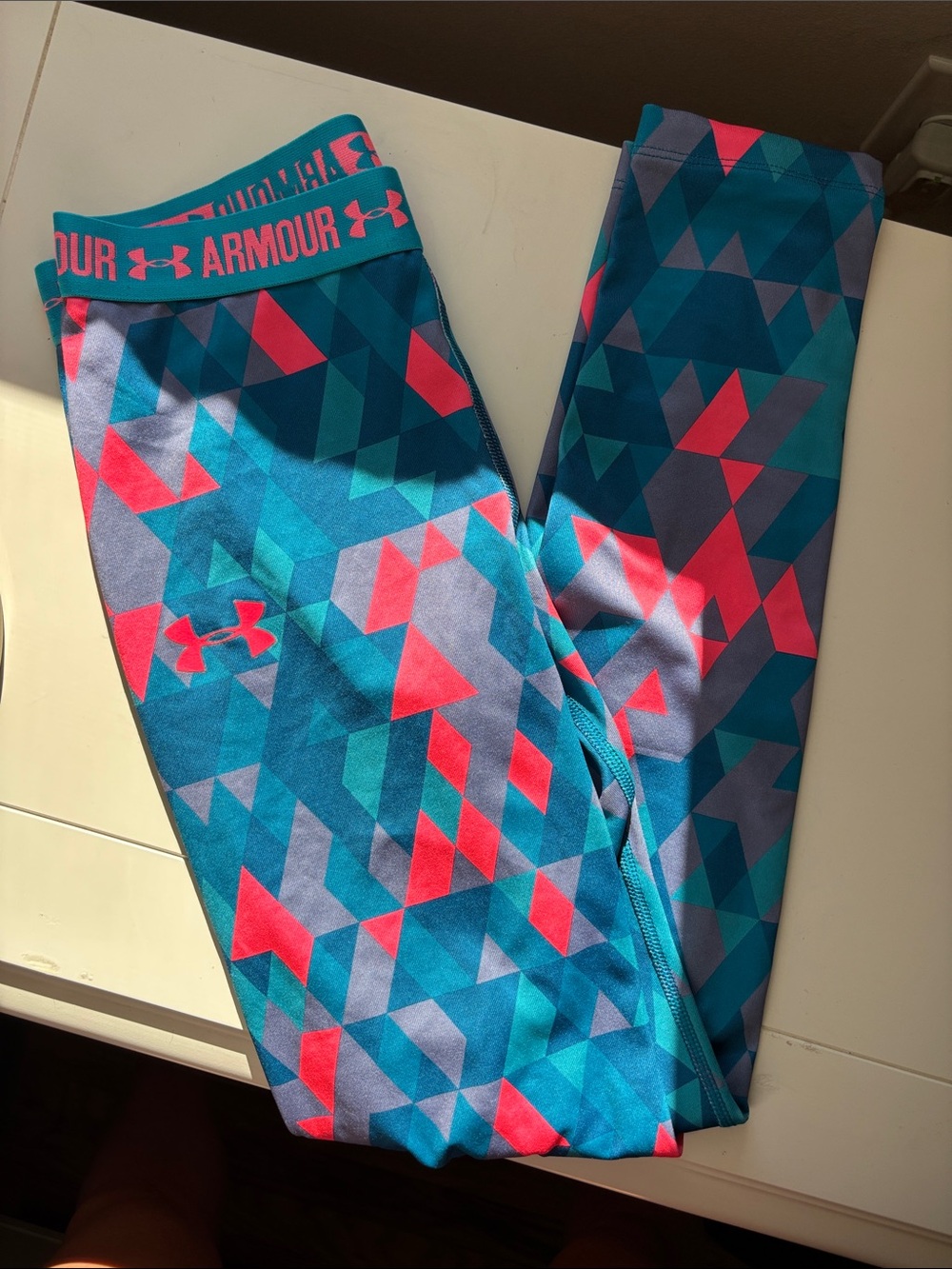 Under Armour Full Length Leggings - teal/pink, girl’s size L